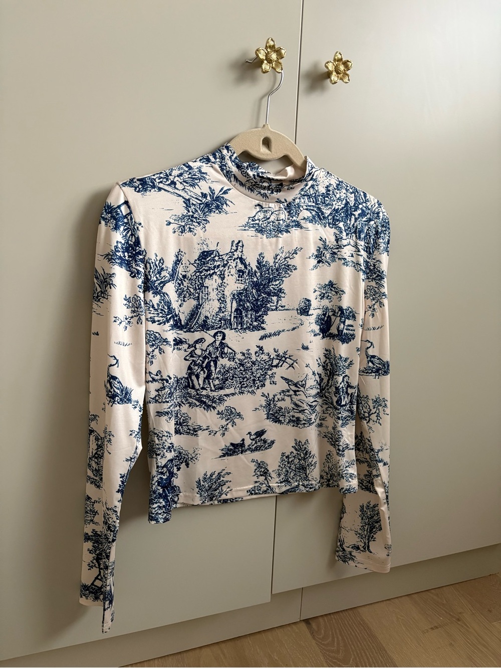 Cider Cream and Blue Toile Long-Sleeve Mock Neck Top